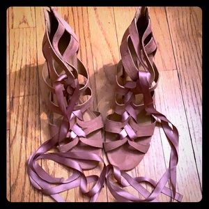 Pink suede chunk heeled shoes